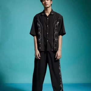 Men Thread Embroidery Loose Fit Elegant Black Pant